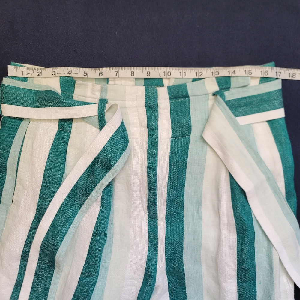 J.CREW Paper Bag Linen Pant In Cabana Stripe Women's Size10 Turquoise Jade White - Picture 11 of 16